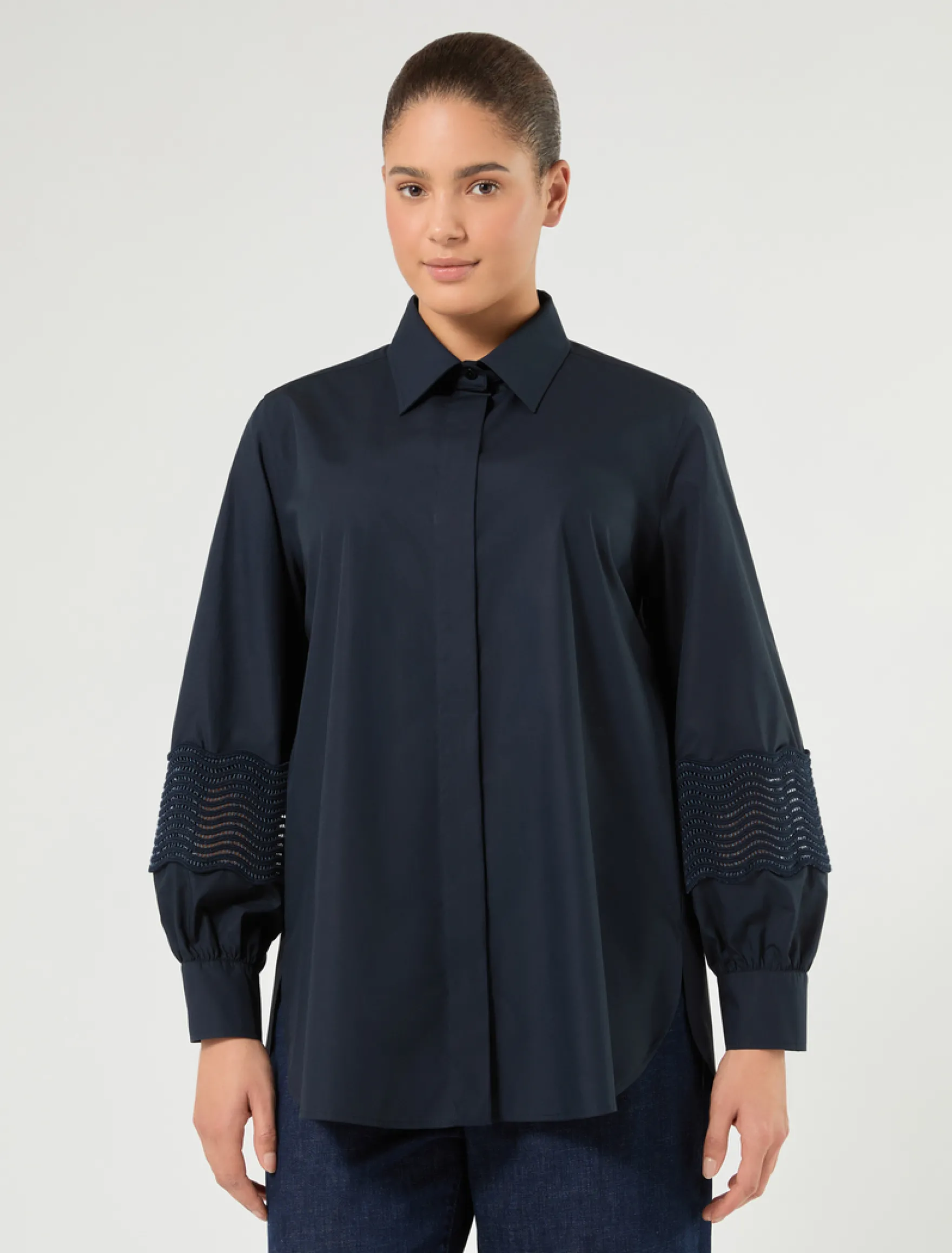 Camicia in popeline di cotone con pizzo - BLU