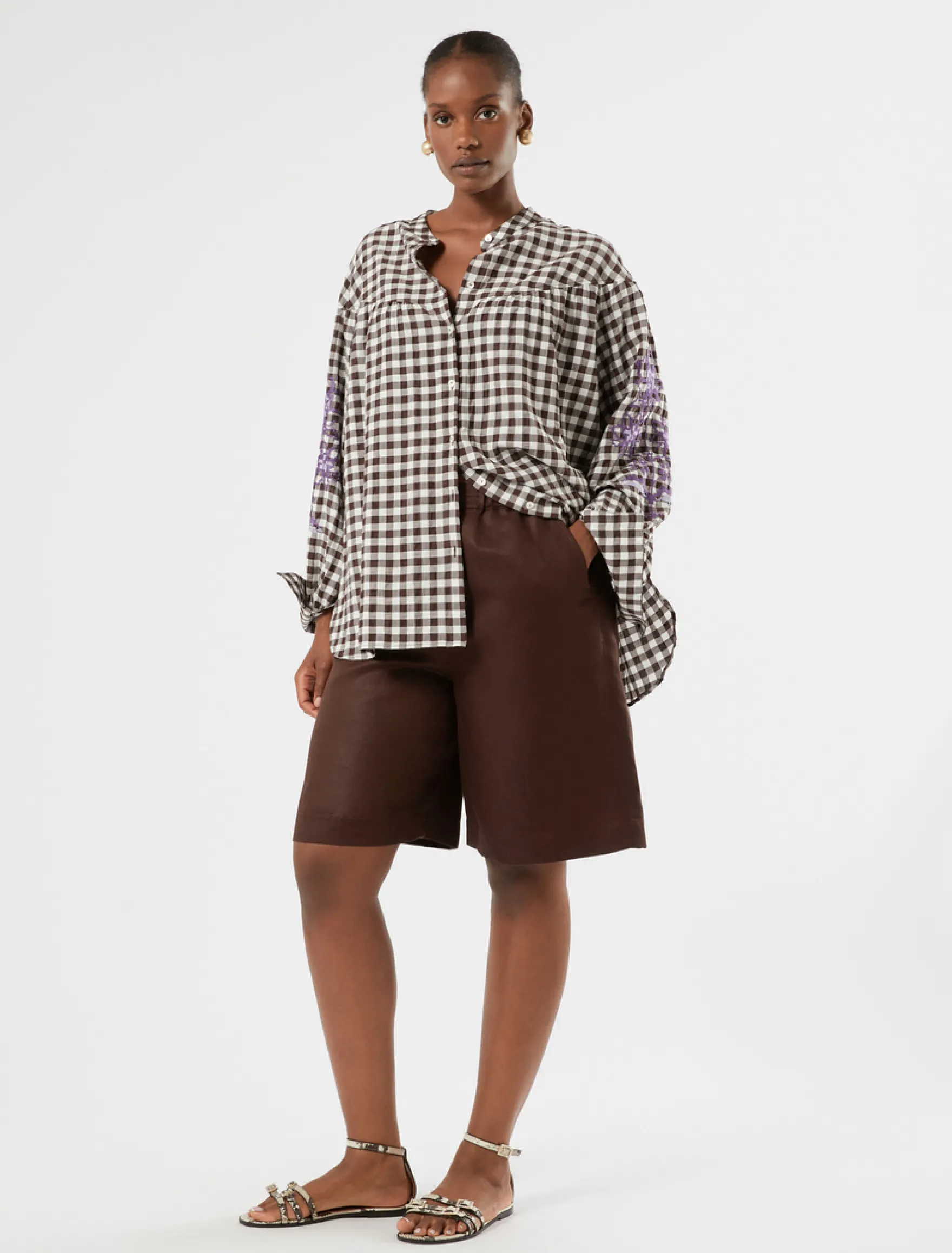 Camicia in popeline Vichy con ricamo - CIOCCOLATO