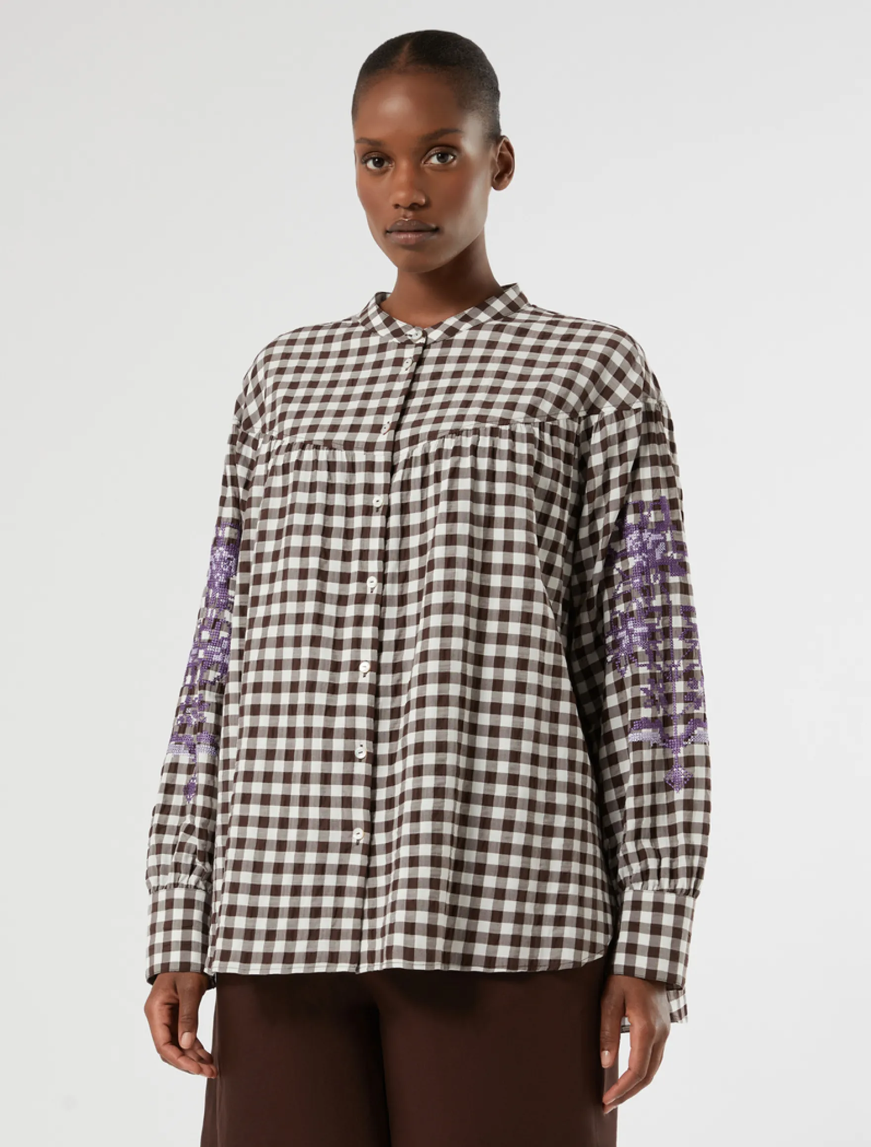 Camicia in popeline Vichy con ricamo - CIOCCOLATO