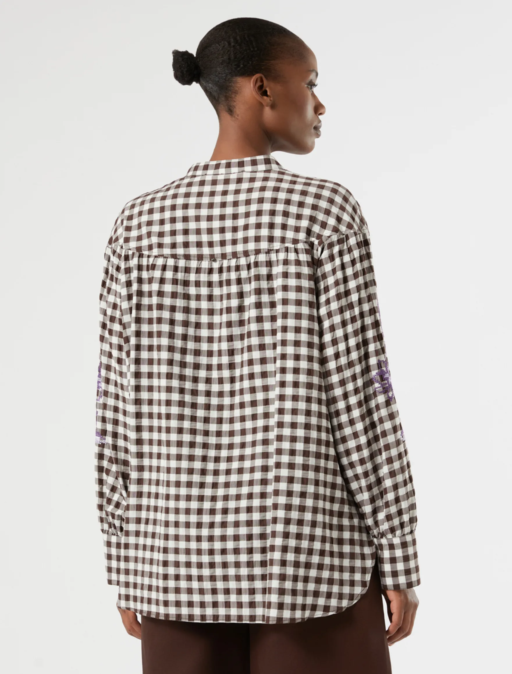 Camicia in popeline Vichy con ricamo - CIOCCOLATO