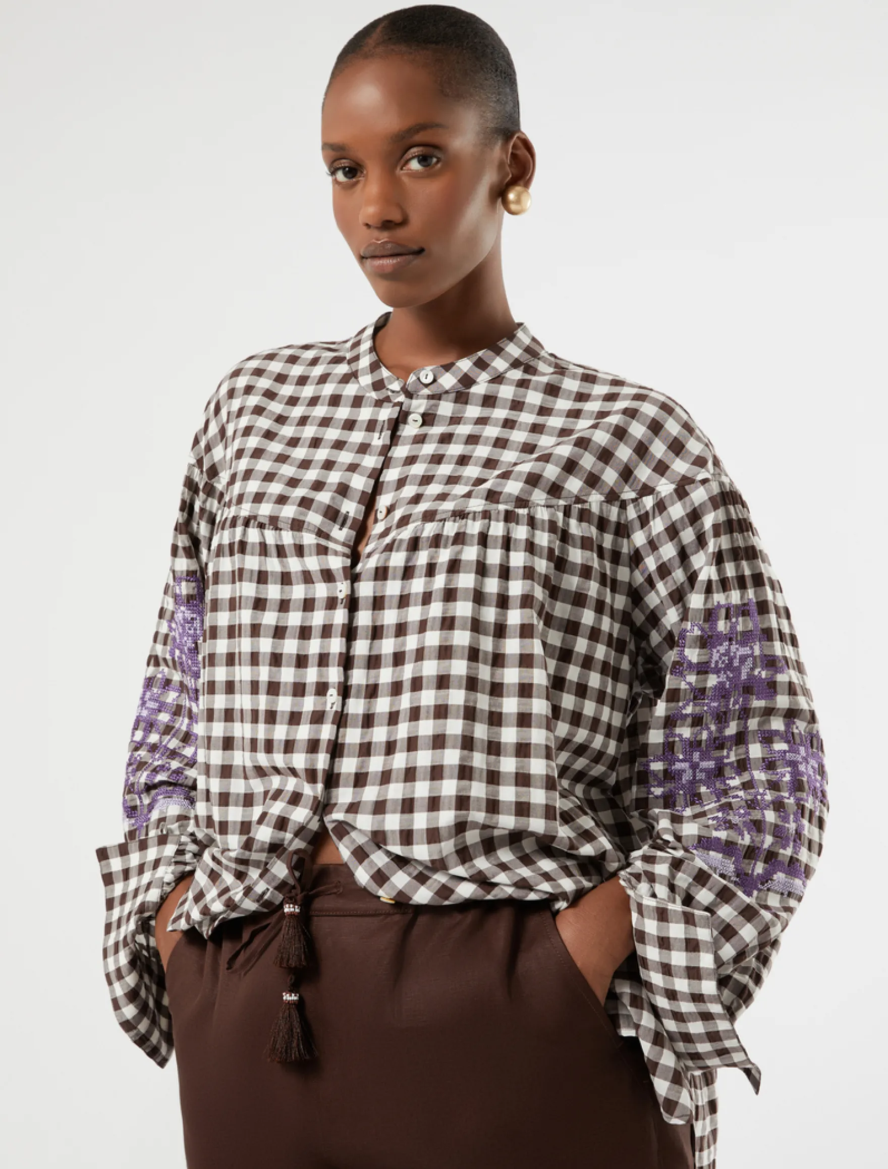 Camicia in popeline Vichy con ricamo - CIOCCOLATO
