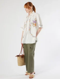 Camicia in tela di cotone con ricami - AVORIO