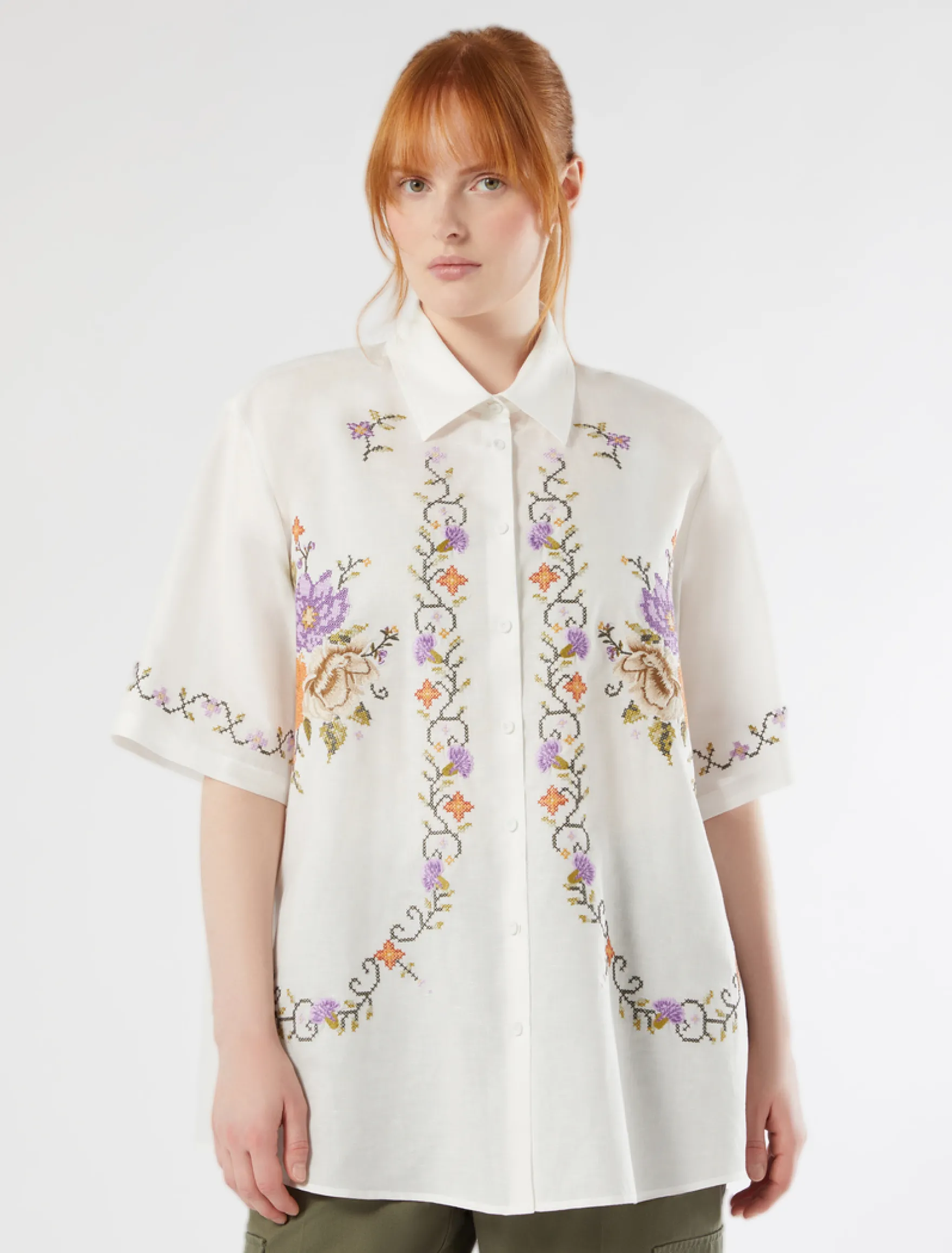 Camicia in tela di cotone con ricami - AVORIO