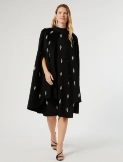 Cappa in drap di pura lana con ricamo - NERO