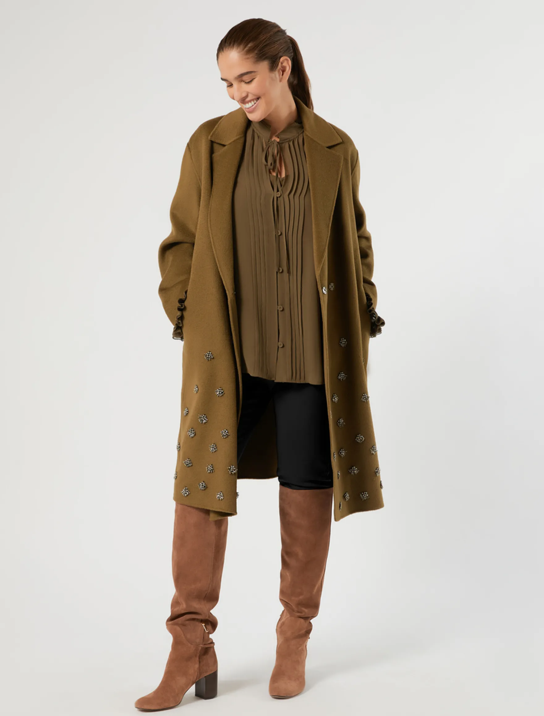 Cappotto in double di lana con ricamo - VERDE KAKI