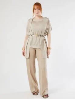 Cardigan e top in maglia con strass - BEIGE