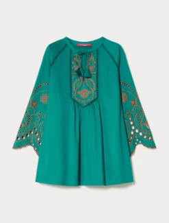 Casacca in raso di cotone con ricamo - VERDE