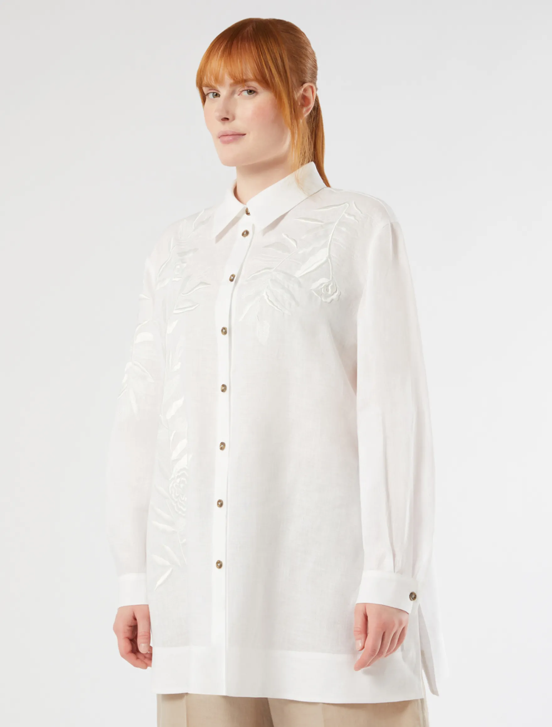 Casacca in tela di lino con ricamo - BIANCO OTTICO