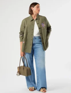 Giacca in gabardina con ricami - VERDE OLIVA