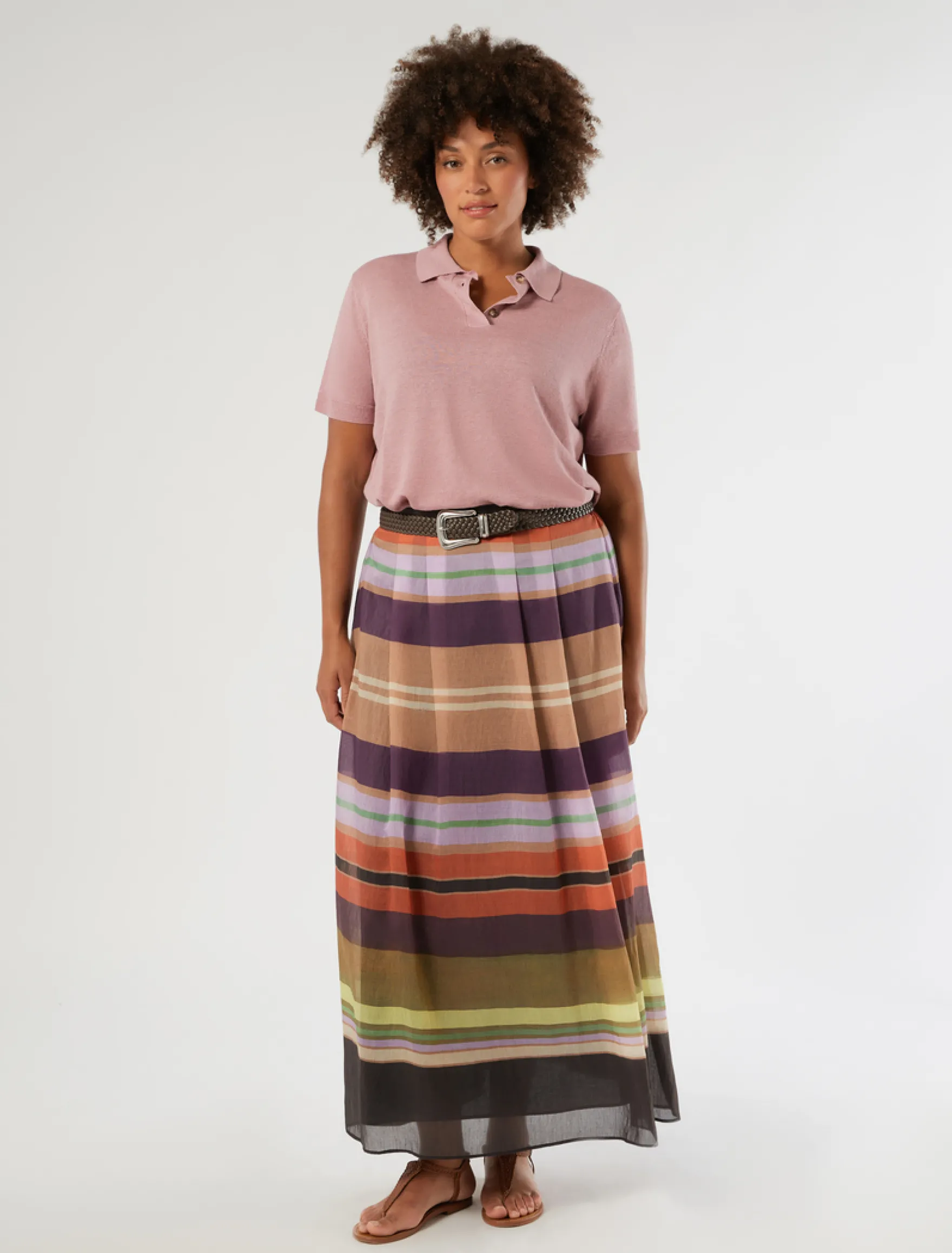 Gonna ampia in tencel a righe - NERO