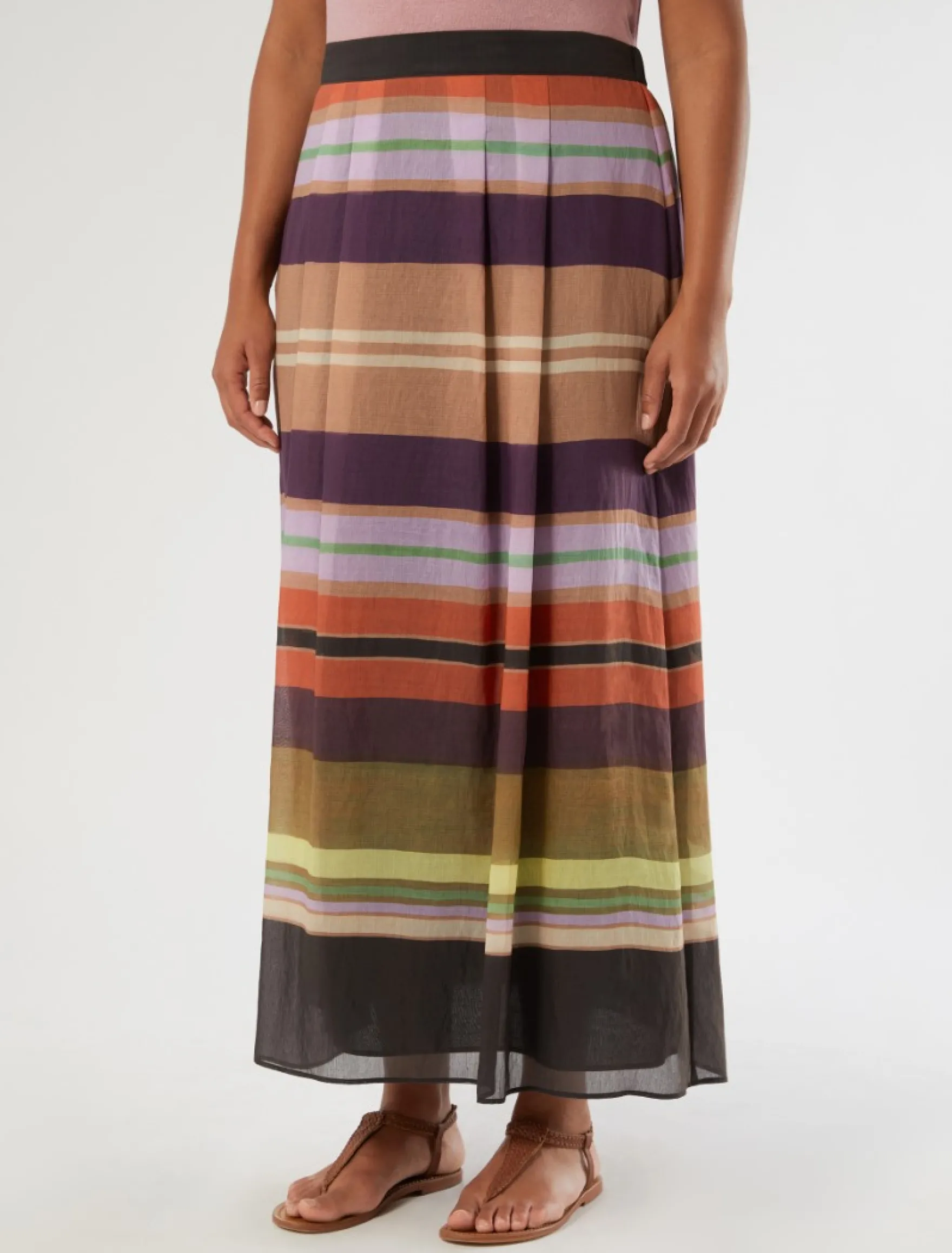 Gonna ampia in tencel a righe - NERO