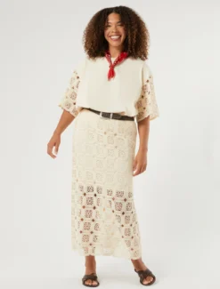 Gonna a tubino in crochet di cotone - ECRU