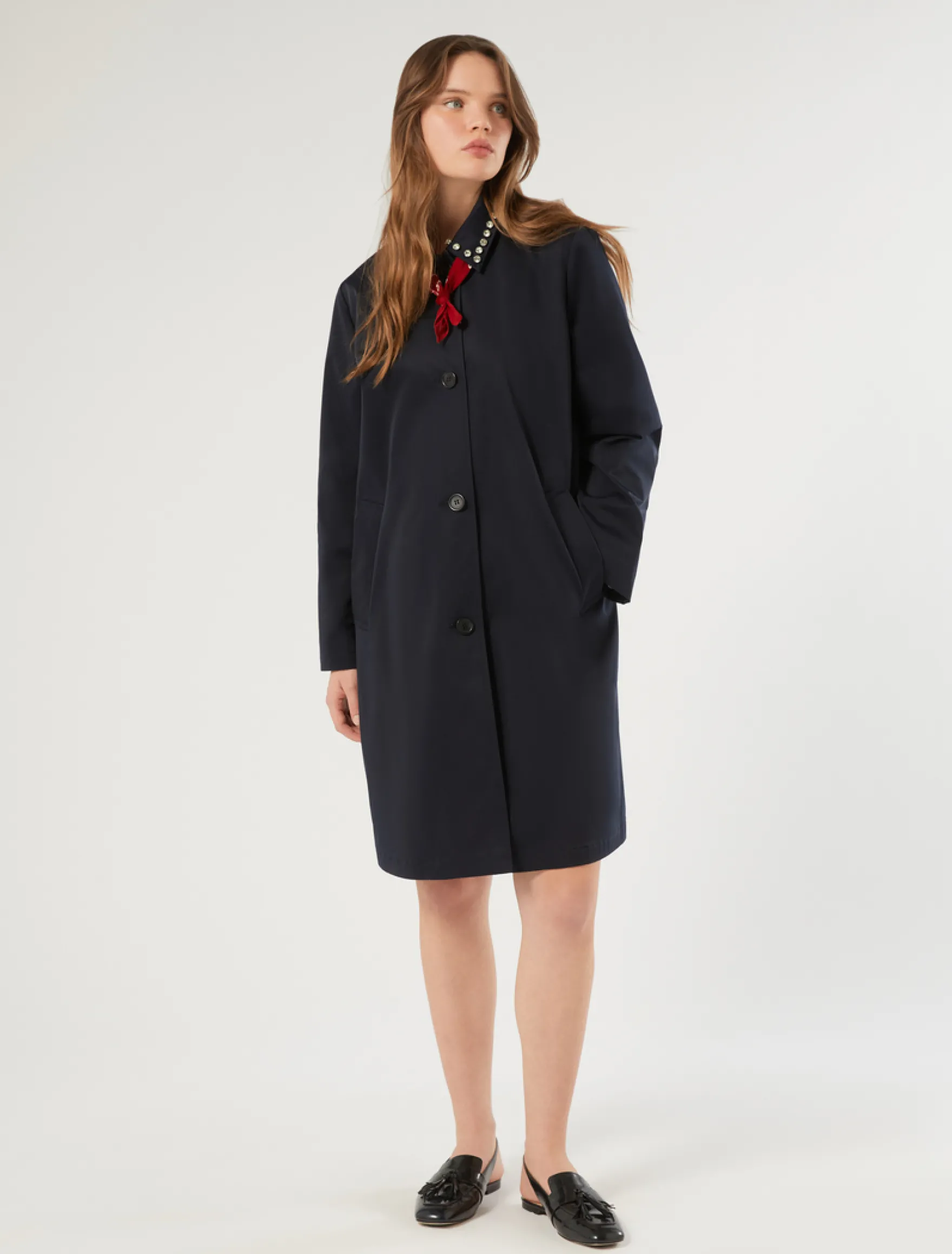 Impermeabile in gabardina antigoccia con ricamo - BLU NOTTE
