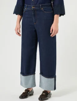 Jeans ampi in denim con ricamo - BLU NOTTE