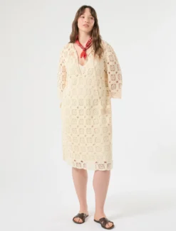 Mini abito in crochet e jersey - ECRU