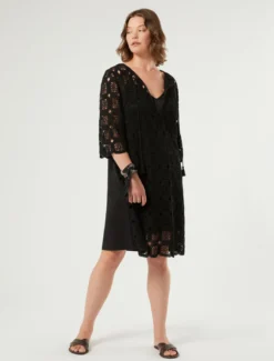 Mini abito in crochet e jersey - NERO