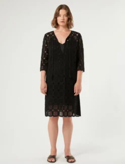 Mini abito in crochet e jersey - NERO