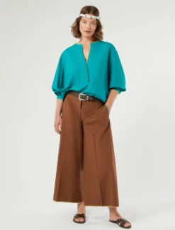 Pantaloni cropped in popeline di cotone - MARRONE