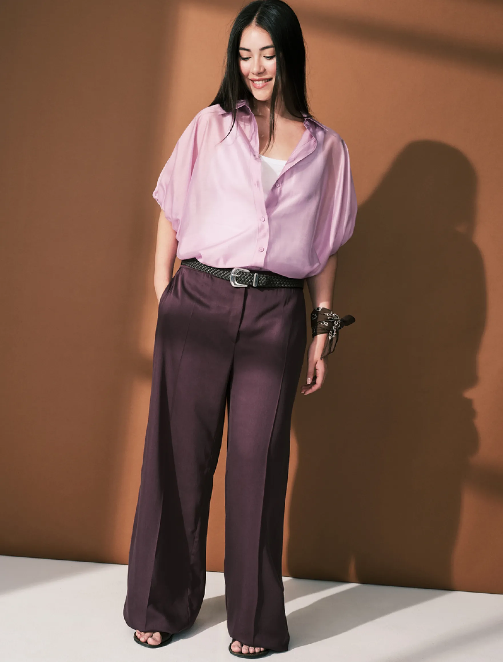 Pantaloni wide leg in twill - PRUGNA