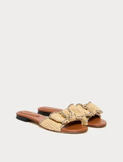 Sandali slide in rafia con strass - CUOIO