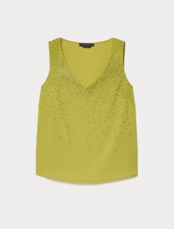 Top in crêpe de Chine con strass - VERDE OLIVA