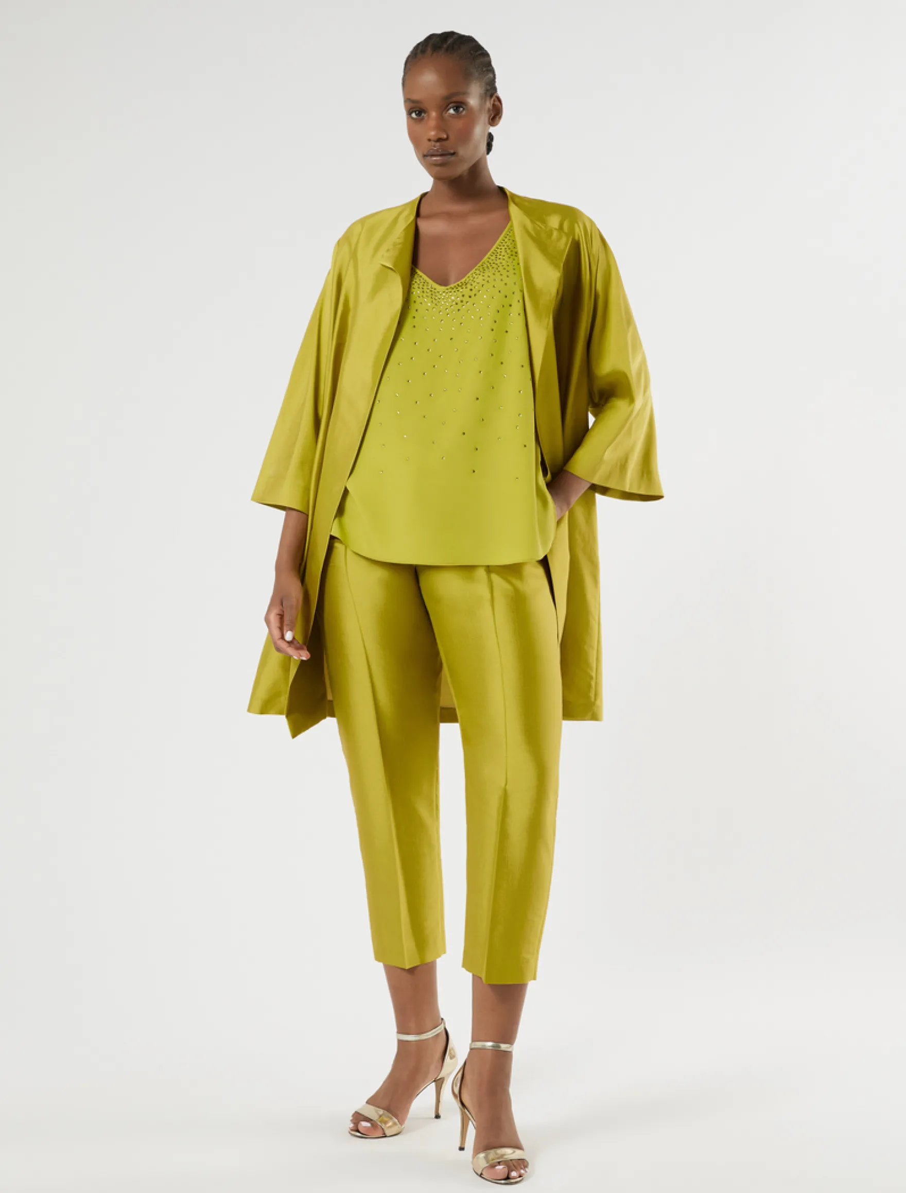 Top in crêpe de Chine con strass - VERDE OLIVA