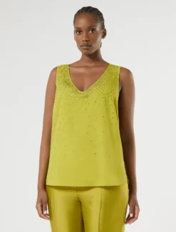 Top in crêpe de Chine con strass - VERDE OLIVA