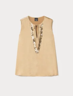 Top in raso con ricamo di paillettes - BEIGE