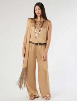 Top in raso con ricamo di paillettes - BEIGE