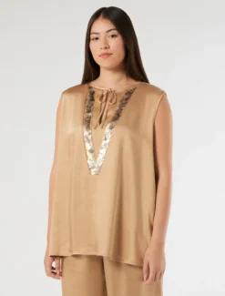 Top in raso con ricamo di paillettes - BEIGE