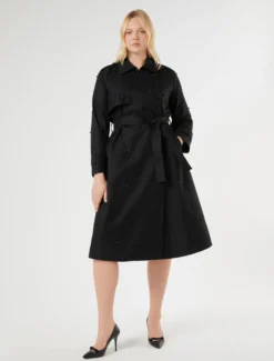 Trench in twill con ricami - NERO