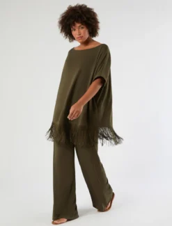 T-shirt in jersey con frange - VERDE KAKI