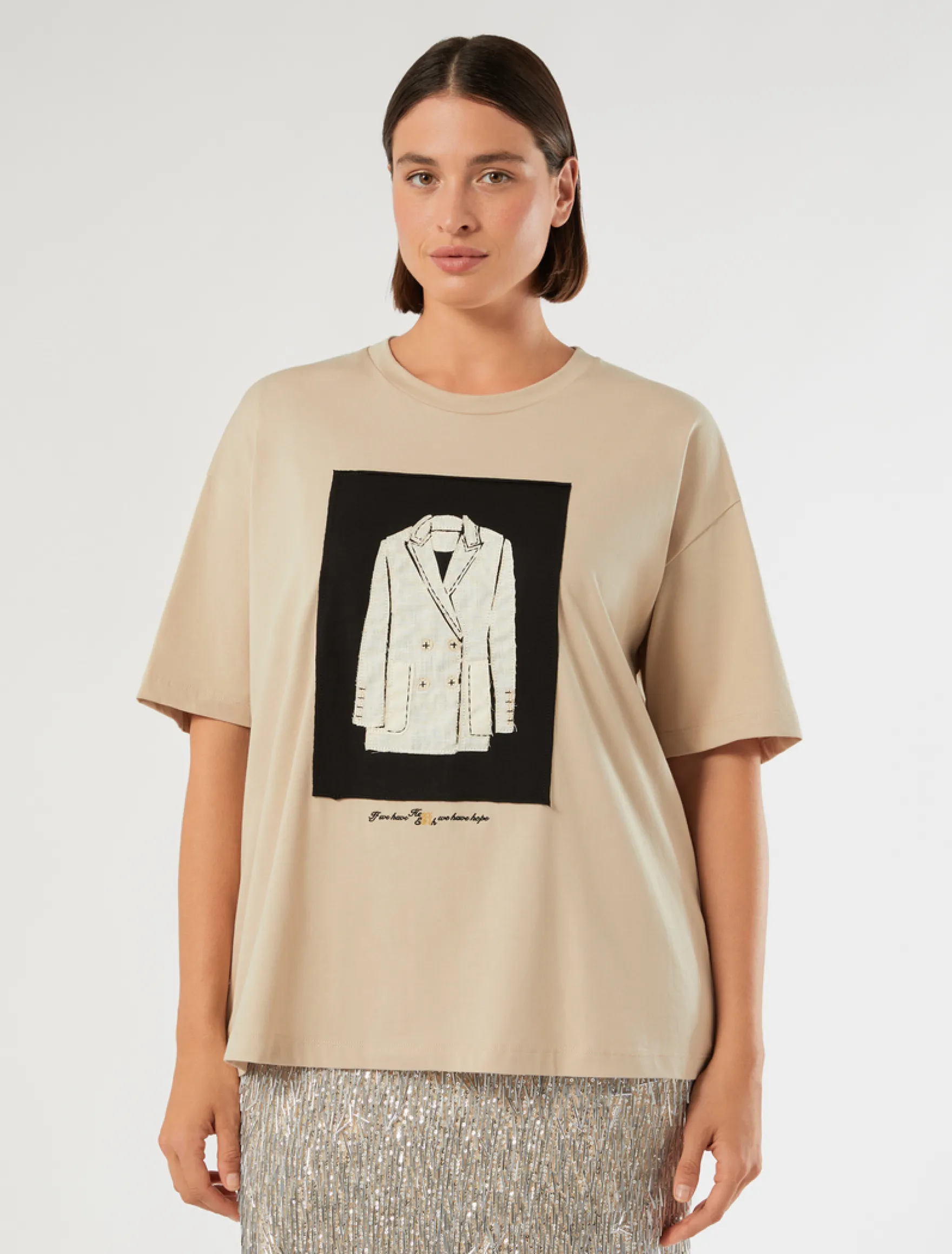 T-shirt in jersey con ricamo - BEIGE