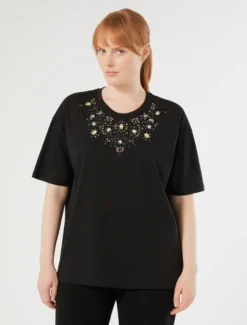 T-shirt in jersey con ricamo - NERO