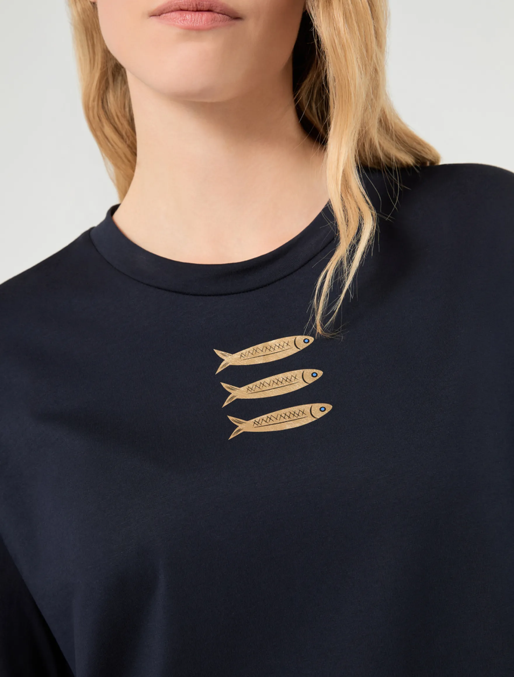 T-shirt in jersey con stampa pesci - BLU NOTTE
