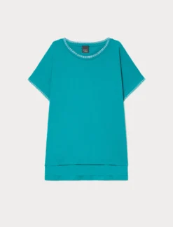 T-shirt in jersey di cotone con ricamo - PETROLIO