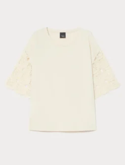 T-shirt in jersey di cotone e crochet - ECRU