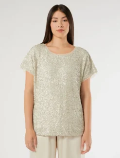 T-shirt in rete con paillettes - SABBIA