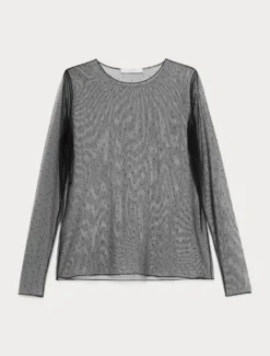 T-shirt in tulle con strass - NERO
