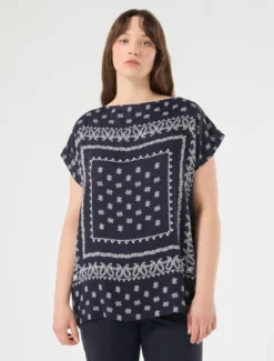 Tunica in raso stampato e jersey - BLU MARINO